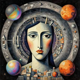 post - minimalism comic abstract cubism portrait of concentric city, top down extraterrestial view, jupiter moon mars, iridescent orbs, vibrant color scheme, highly detailed, in the style of romanticism, cinematic, artstation, moebius, greg rutkowski
