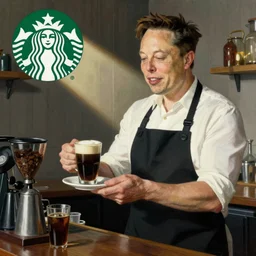 Norman Rockwell painting of elon musk as a Starbucks barista serving coffee