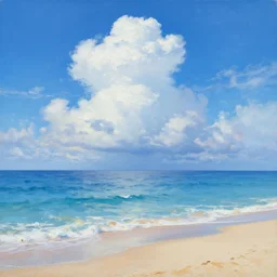 beautiful blue puffy skies ocean with sand the shore, clear sharp oil paint highly detailed ethereal, by trending on artstation, greg rutkowski, rhads