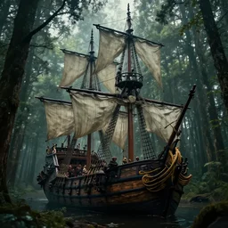 a pirate ship in the forest, cinematic, atmospheric lighting, full ship in frame