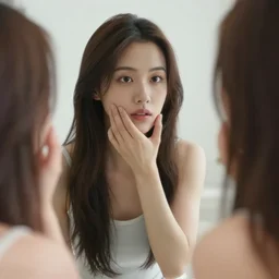 “A beautiful woman looks in the mirror, first person perspective”