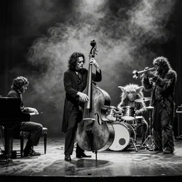 jazz quartet composed of Bigfoot on upright bass, Dracula on piano, a chupacabra on drums, and mothman on trumpet, playing on a stage in a smoky room, black and white