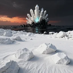 octane, blender, zbrush render, render uhd, 8 k art photography, filmic lighting, cinematic art shot, hyperrealistic, hyperdetailed, super detailed, uhd, uhd, 8 k, high resolution, white rocks, white sand, vast landscape with mysterious strangle glowing crystalline structure made of white bones in the far distance, black fluid simulation, painting by ross tran and ivan aivazovsky, black water, sunset by zdzisław beksinski