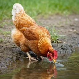 Photograph of a chicken drinking from a river