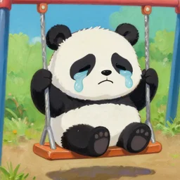 beautiful and adorable and cute acrylic! impasto! painting of a sad, crying panda bear on a playground swing. by jeremiah ketner and studio ghibli