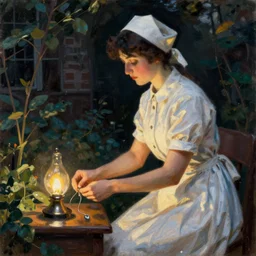 vintage beautiful painting of nurse tying to light a 🚬 on the dark in an overgrown sanatorium in Mary Cassatt style
