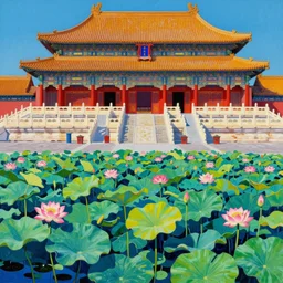 detailed close - up image of magnificent chinese palace with a garden and a lotus pond, pop - art style, jacky tsai style, andy warhol style, roy lichtenstein style, rich palette, acrylic on canvas