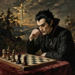 Dracula plays chess melancholicly by classical painting