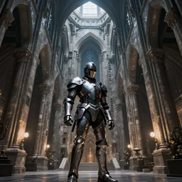 cyber-knight inside an underground cathedral, futuristic, gothic, sci-fi, brutalism, hyperdetailed, Cinematic, Wide Angle, Kinemacolor, Massive, Artstation, 8k