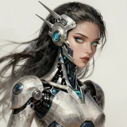 a woman turning into an mecha android portrait wearing a part cybernetic mecha body, surrealism , scifi, intricate, elegant, sharp eyebrows, ornate long flowing hair, highly detailed cybernetic body, neon glowing eyes, digital painting, artstation, concept art, smooth, sharp focus, illustration, art by Artgerm and moebius and Peter Mohrbacher