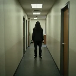 a figure at the end of a creepy office hallway. craiglist photo.