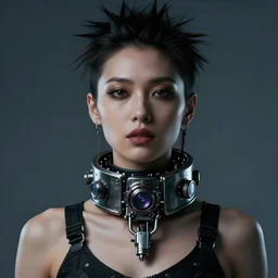 a digital artwork of woman wearing technological large steel collar, choker on neck, dark cyberpunk art style, 4K, portrait, punk hairstyle,