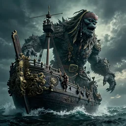 a pirate standing on his ship a giant monster craft merging out of the water, beautiful dramatic moody lighting, cinematic atmosphere, high detail, 8k, ornate, dark fantasy, masterpiece, complex, film still from the movie directed by Denis Villeneuve with art direction by Gregory Crewdson, Joel Sternfeld