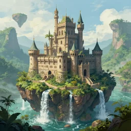 a giant, old african castle located in a tropical highland surrounded by waterfalls and floating rocks, fantasy, digital painting, trending on artstation, concept art, illustration, art by joe stiller