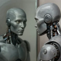 a photorealistic digital art drawing of a grey humanoid metallic robot with human features, dimples and a strong jawline staring at its own reflection in a mirror high resolution detailed organic lifelike color image muted tones defined edges clear mirror and reflection