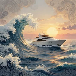 [ palate ] [ muted colors ] crazy psychedelic 🌊 ocean waves, luxury yacht crossing the ocean, paisley swirls and ripples, backlit, sunset, refracted lighting, outdoors, paisley clouds in the sky, elegant, 8 k resolution, intricate and fine details, digital painting, artstation, illustration, psychedelic ocean art, krenz cushart, alphonse mucha