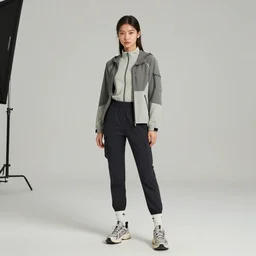 realistic photograph of a girl in tech wear clothes posing for a photoshoot