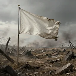 a lone flag waving above destroyed wasteland, battlefield, no man's land, world war 2, massacre, dirty white flag on stick, barbed wire in background, ultra realistic, artstation award, smoke in distance, in the style of magic the gathering