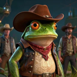 epic portrait cinematic shot an frog wearing cowboy outfit and a cowboy hat, fine details. night setting. realistic shaded lighting poster by craig mullism, artgerm, jeremy lipkin and michael garmash, unreal engine, radiant light, detailed and intricate environment, digital art, trending on art station,