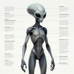 gray alien, detailed anatomical diagram, pointers with descriptions, illustration, 4 k