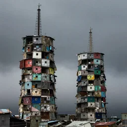 two towers, made up of makeshift squatter shacks with faded colours, moody sky at the back, uneven fog, dystopia, mamiya, f 1 1, fully frontal view, ultra sharp, very detailed, photographed by julie blackmon