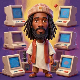 stylish caricature 3 d vfx drew struzan movie poster art of an african jesus surrounded by retro gaming consoles, art style by james jean & hsiao - ron cheng, unreal engine render, digital illustration, sharp, intricate detail, volumetric lighting, ray tracing, soft light, colourful, claymation style, ernie barnes style, symmetry, acrylic on canvas, pinterest, artstation,