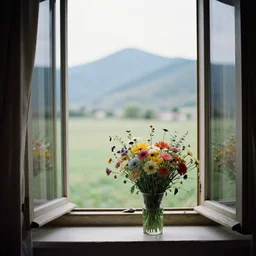open window, you can see the field and the mountains. bouquet of flowers on the windowsill. birds and bugs intertwined. day time. close up. atmospheric. highly detailed. grainy vintage film