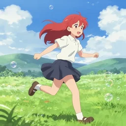 red haired anime girl chasing bubbles through a field
