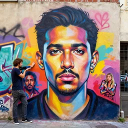 portrait of a man painted by artgerm, karol bak, artur bordalo, sandra chevrier : : portrait, vibrant, character, illustration, street art, graffiti, hyperrealism