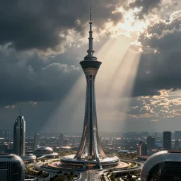 a very futuristic landscape with one tall tower, ambient light