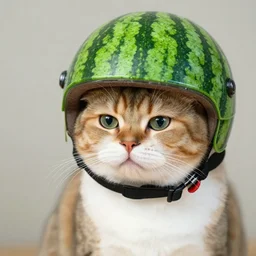 cat wearing a helmet, helmet watermelon, helmet that looks like watermelon, watermelon fruit texture, helmet on cat