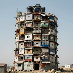 a circular tower, made up of makeshift squatter shacks, dystopia, sony a 7 r 3, f 1 1, fully frontal view, photographed by jeanette hagglund