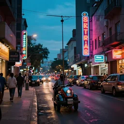 photograph of a neon lit - african urban street with cartivator skydrive traffic,
