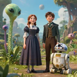 a girl and a boy standing next to some alien plants, looking happy, both wearing victorian clothes, their pet droid is nearby, in a park on a alien planet, ultra realistic facial details, enhanced faces, ultra photorealistic raytracing, trending on artstation, 8k