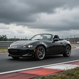 mazda miata convertible black 2 0 2 1 sports car on a racetrack during an overcast day, realistic 4 k octane beautifully detailed render, 4 k post - processing, highly detailed, intricate complexity, epic composition, magical atmosphere, cinematic lighting, masterpiece, ultra hd