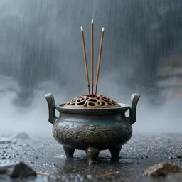post design of wenjun lin digital illustration of incense burner and incense, rainstorms, fogs ， unreal engine, hyper realism, realistic shading, cinematic composition, realistic render, octane render, detailed textures, photorealistic, wide shot
