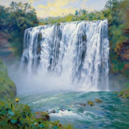 beautiful landscape, waterfall, impressionist, masterpiece