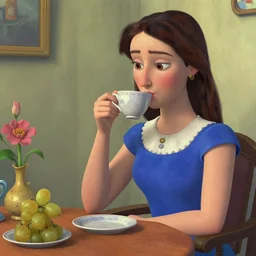 a woman drinking tea by Pablo Picasso by Pixar!!!!!!!