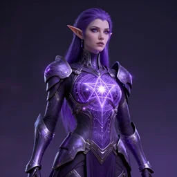 portrait of an elf, eldar, aeldari, lady voidstar, full futuristic close fitting armor, glowing diagram, pentagram, star, intricate, elegant, purple, glowing lights, highly detailed, digital painting, smooth, sharp focus, illustration, art by wlop, mars ravelo and greg rutkowski, cinematic lighting, unreal, natural tpose