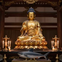 golden buddhist sculpture on an altar inside a japanese temple, candlelit, made by anders zorn, highly detailed, beautiful cinematic light deep focus, smooth, shark focus, golden ratio, dramatic illumination, ultra realistic