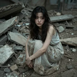 award winning photograph miof a dressed young woman amongst rubble, sad face, dirt, dreamlike, low contrast, beatiful composition, 4k