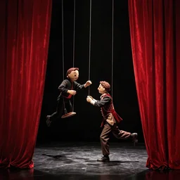 puppet on strings behind red curtains, hand puppet strings, dark ambiance, realism,an album cover