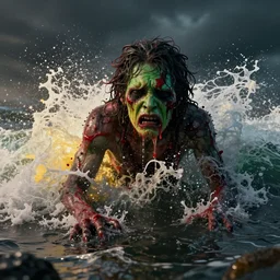 the pain is splattered on the sad monster's green face while huge waves crash against him, water sprays into the air, dark sky, lit from below, hints of red and yellow, fantasy, unreal engine