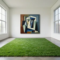 a large room with a green lawn in the middle of it, a cubist painting by gilberto soren zaragoza, cg society, modernism, symmetrical, cubism, windows vista