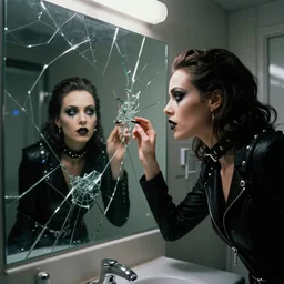 cinestill 5 0 d candid photographic portrait by stanley kubrick of a feminine man wearing black techwear and glitter goth makeup looking in a shattered glass bathroom mirror, cramped new york apartment, medium shot, retrofuturism cyberpunk cinematic, 8 k, hd, high resolution, 3 5 mm, f / 3 2, ultra realistic faces, intricate detail