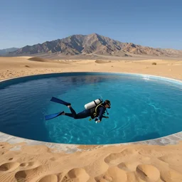 a scuba divers is swimming alone in a giant pool. the pool is surrounded by desert sand ; mountain range in the background. the sky is cloudless. surrealist painting,