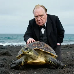 An astonished confounded Winston Churchill discovers the first turtle ever in Galapagos, national geographic, BBC, XF IQ4, f/3.2, ISO 200, 1/160s, 8K, RAW, unedited, face retouched, AI enhanced