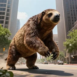 Giant sloth attacking downtown Dallas, hyperrealistic, horror