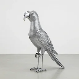 A propaganda, chrome simple mechanical parrot sculpture made from chrome wires and tubes by moebius, by david lachapelle, by angus mckie, by rhads, by jeff koons, in an empty studio hollow