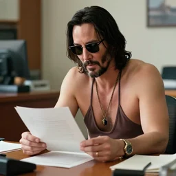 Photo of Keanu Reeves in a bikini and sunglasses, reading a document at a desk in an office Highly detailed 8k. Intricate. Sony a7r iv 55mm. Award winning